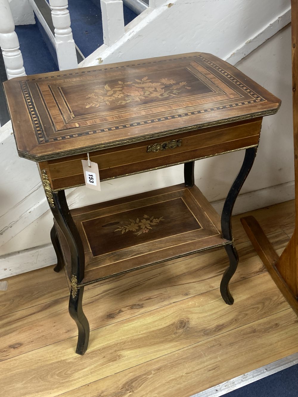 A French marquetry inlaid kingwood and walnut two tier work table, width 57cm, depth 39cm, height 74cm